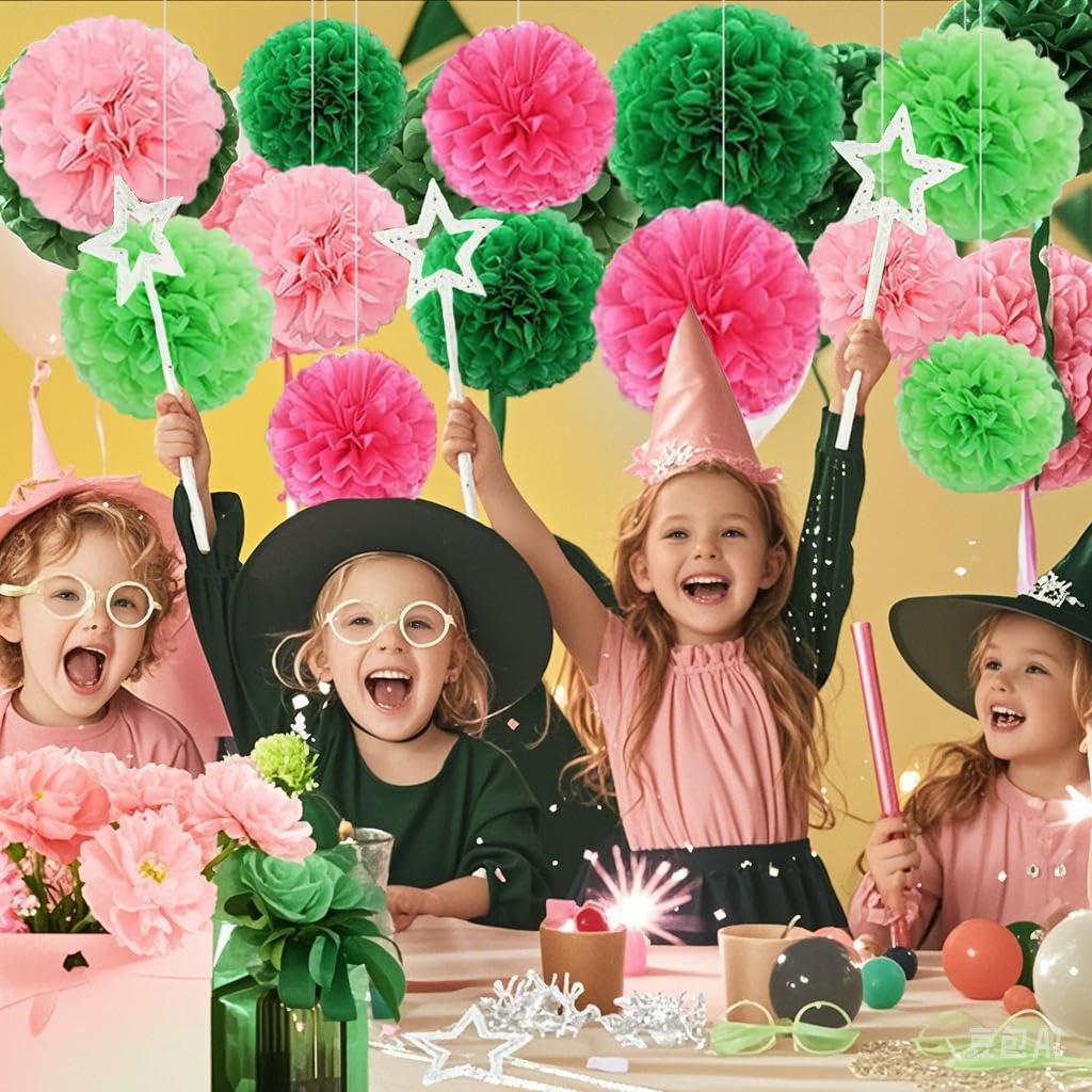 Capesaro Pink and Green 12PCS Paper Pom Poms Party Decorations for Girl Birthday Party Summer Decoration, Hanging Paper Decor Tissue Paper Flowers