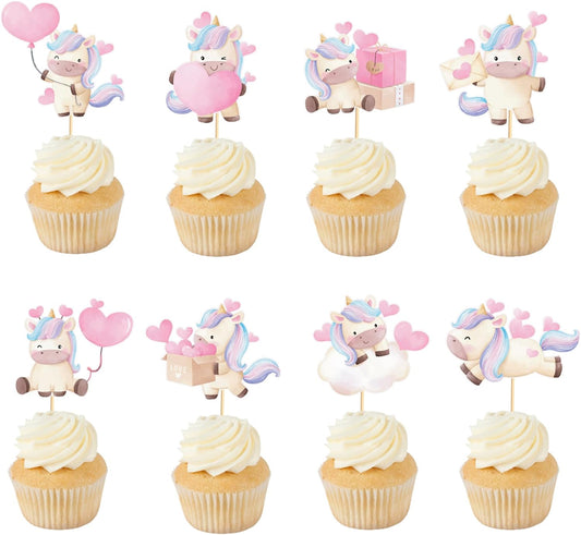24pcs Unicorn Cupcake Toppers with Heart Unicorn Party Decoration Suitable for Baby Shower Valentine's Day Birthday Party Decoration