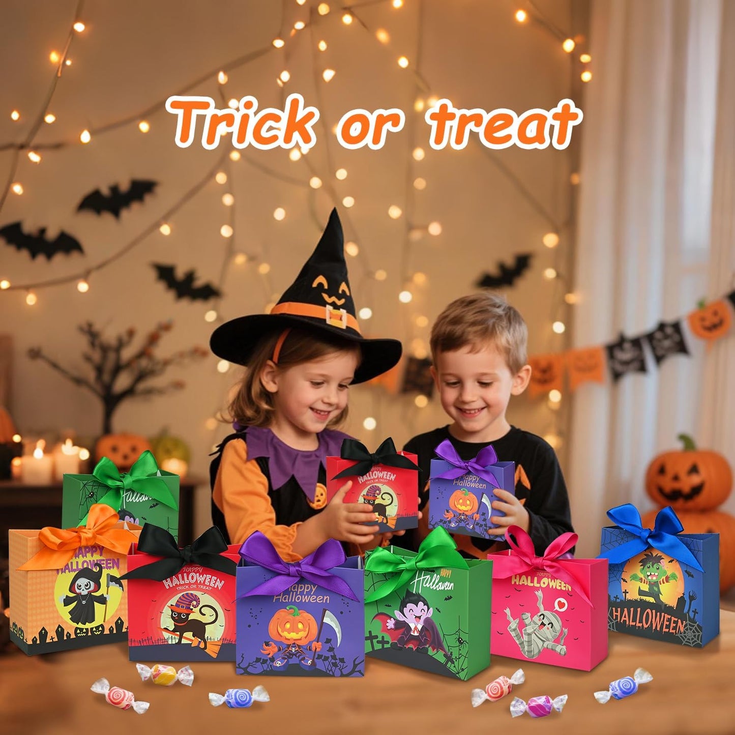 24PCS Halloween Goodies Bags, Trick or Treat Candy Gift Paper Bags Bulk with Ribbons, Halloween Treat Boxes for Kid, Party Favor, Classroom Exchange, Home Decoration 4.5 x 3.9 x 1.7 Inches