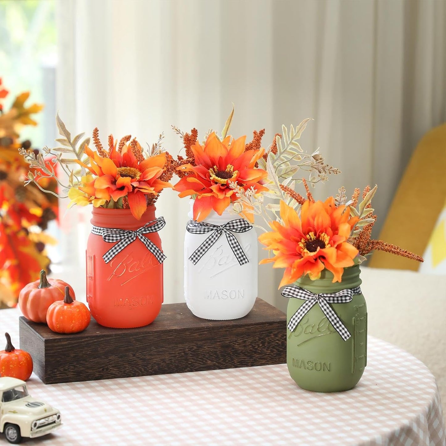 Thanksgiving Fall Mason Jar Centerpiece for Table with Artificial Flowers, Set of 3 Mason Jars Farmhouse Decor Decorative Jars for Thanksgiving Home Decor, Thanksgiving Dinner Table Centerpiece