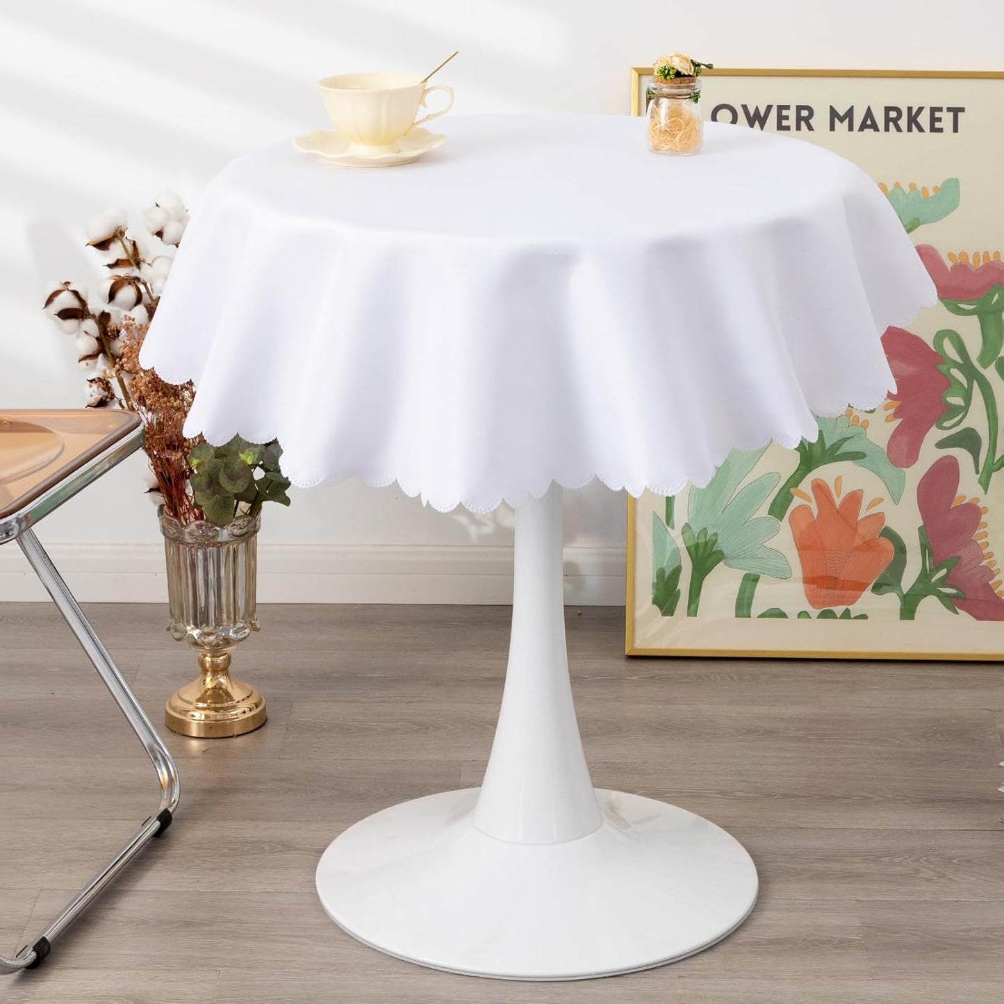 Round White Tablecloth 48 Inch Polyester Fabric Washable Table Cloth Decorative Wrinkle Resistant Solid Color Table Cover for Kitchen Dinning Party Wedding Camping