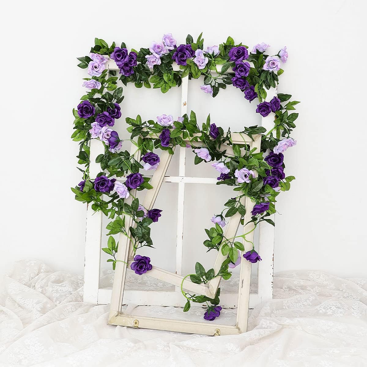 Veryhome 3PCS 23.7FT Artificial Purple Rose Flower Garland, Silk Hanging Floral Garland, Decorative Flower Vines for Room Decor Wedding Arch Flowers for Ceremony (Purple)