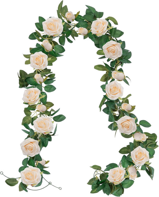 U'Artlines 3 Pack Artificial Champagne Rose Vines Floral Garlands Total 19.5 Ft Fake Vine Silk Flower Garland for Indoor Outdoor Home Wedding Arch Garden Wall Decoration