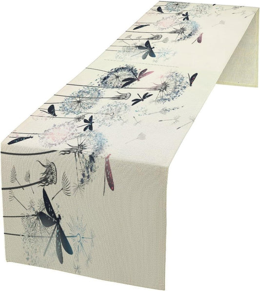 Dandelion Table Runner,Nature Rustic Dragonfly Teal Blue Floral Pattern Print Burlap Tablecloth for Hotel Indoors Outdoor Dining Room Kitchen Table Decor, 13x90in