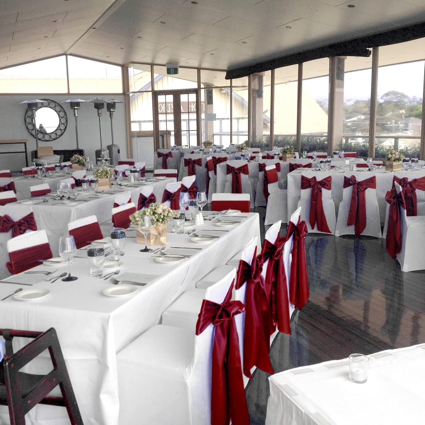 fani 60 PCS Burgundy Satin Chair Sashes Bows Universal Chair Cover for Wedding Reception Restaurant Event Decoration Banquet,Party,Hotel Event Decorations (7 x 108 inch)