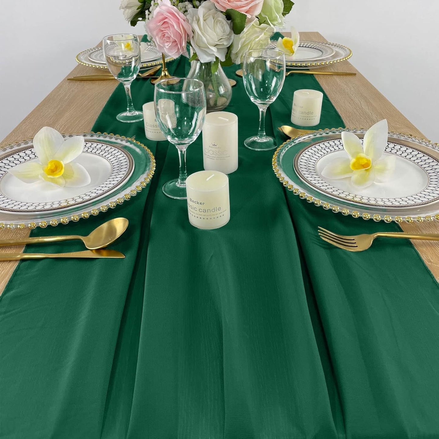 EHLDekol 10ft Chiffon Table Runners 27x120 inches Romantic Sheer Wedding Table Runner Top Table Bridal Party Decoration (Emerald Green，10ft)