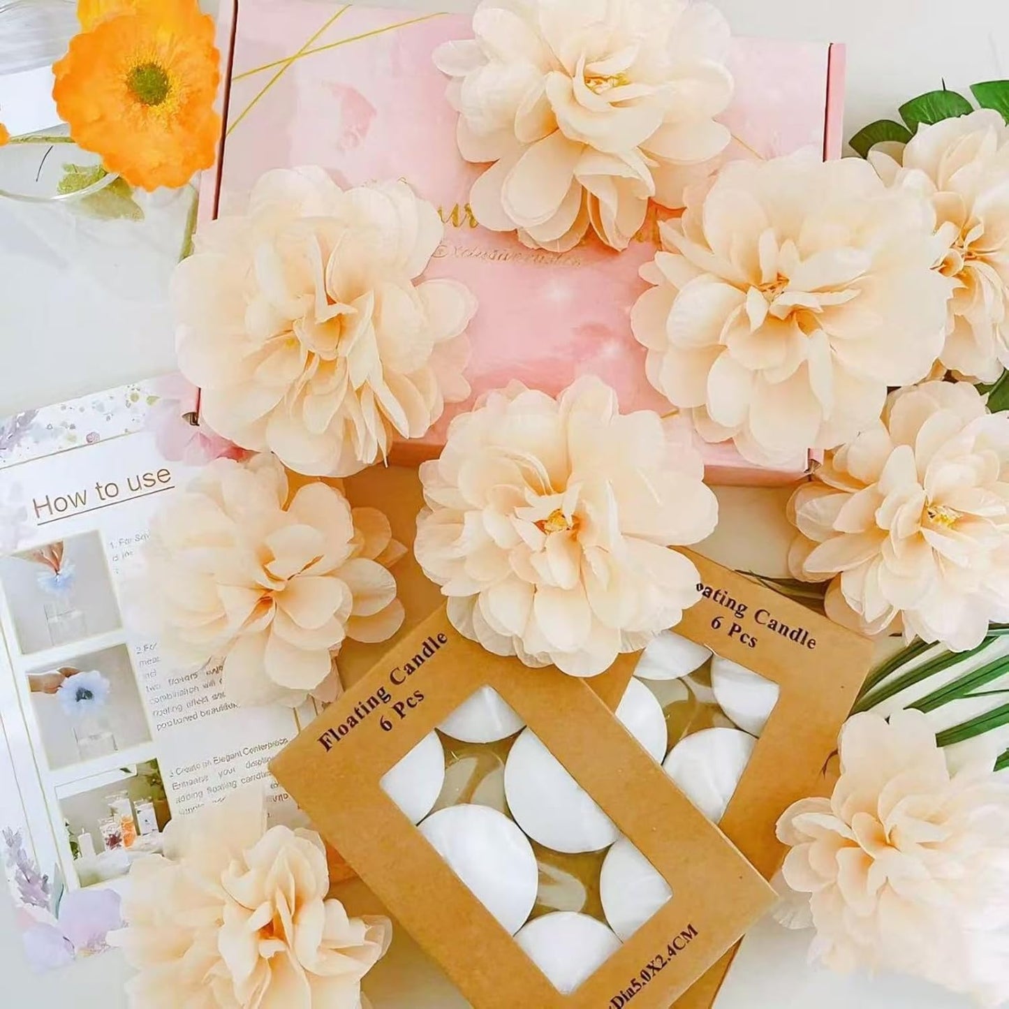 24 Pcs Floating Candles for Centerpieces and Floating Flowers for Centerpieces Champagne Artificial Flowers Vase Fillers for Wedding Table Party Home Decoration