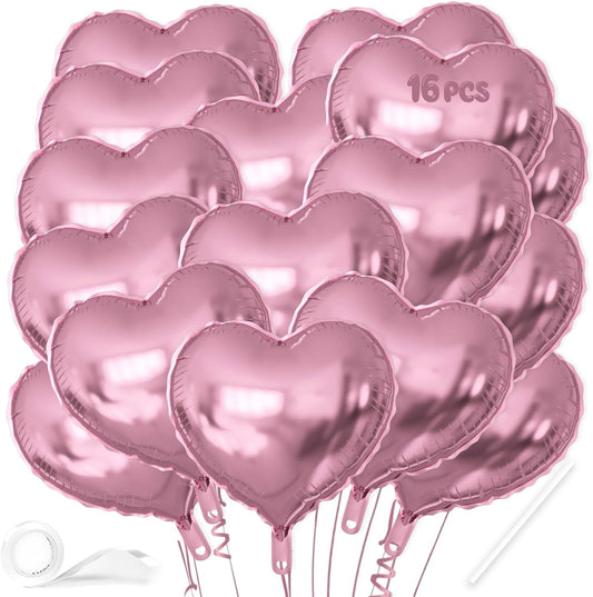 16 Pcs Heart Balloons, 18 Inch Pink Love Heart Shaped Foil Balloons for Wedding Anniversary Birthday Party Valentine Decorations Baby Shower Bridal Shower Engagement Decorations Supplies