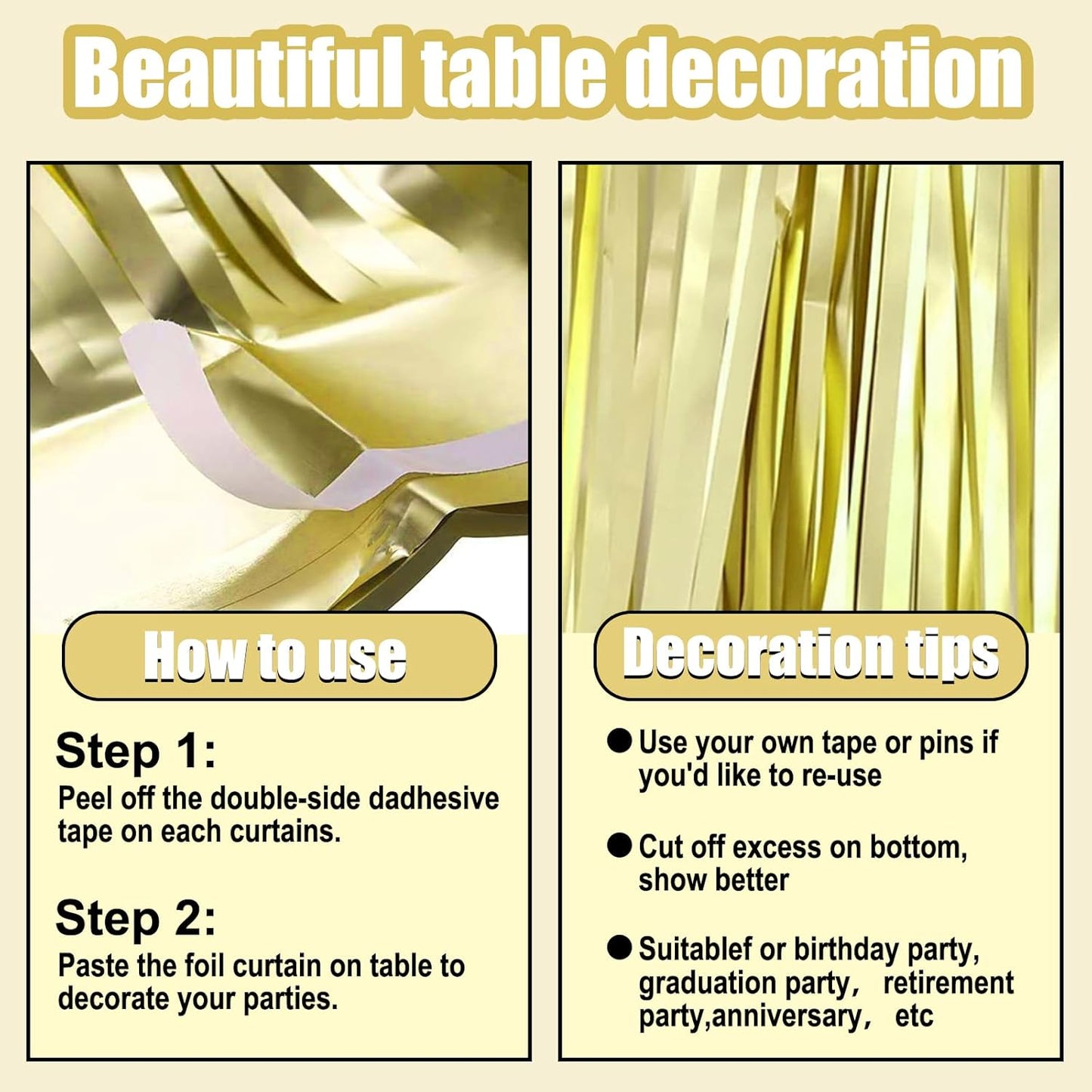 3 Pack 29 x108 Inch Light Gold Foil Fringe Table Skirts Metallic Banner for Tinsel Streamer Garland Backdrop for Parade Floats Wedding Thanksgiving Birthday Christmas New Year Party Decoration