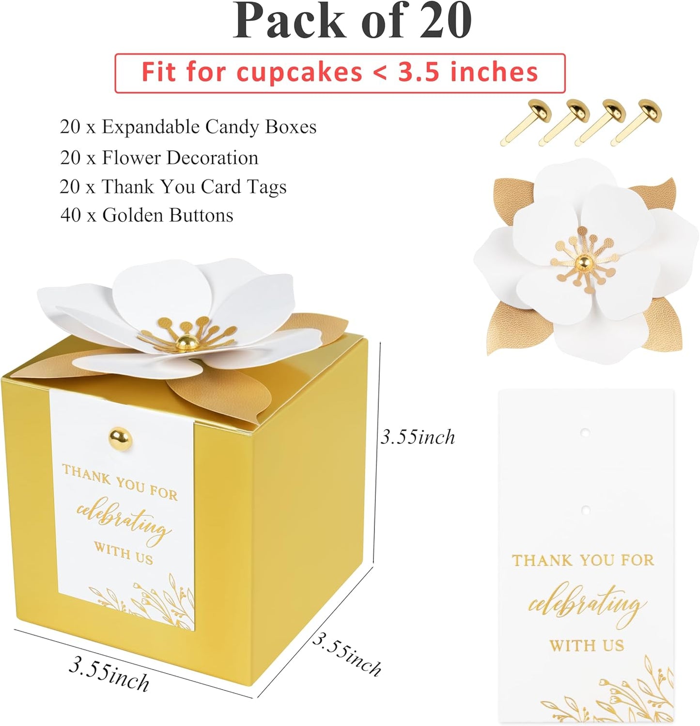 FEIYI 20 PCS Gold Gift Boxes, 3 In 1 Favor Boxes with Floral Decor, White Thank You Tags Cupcake Containers Gift wrapping for Wedding, Baby Shower, Birthday, Decorations Party - 3.55x3.55x3.55