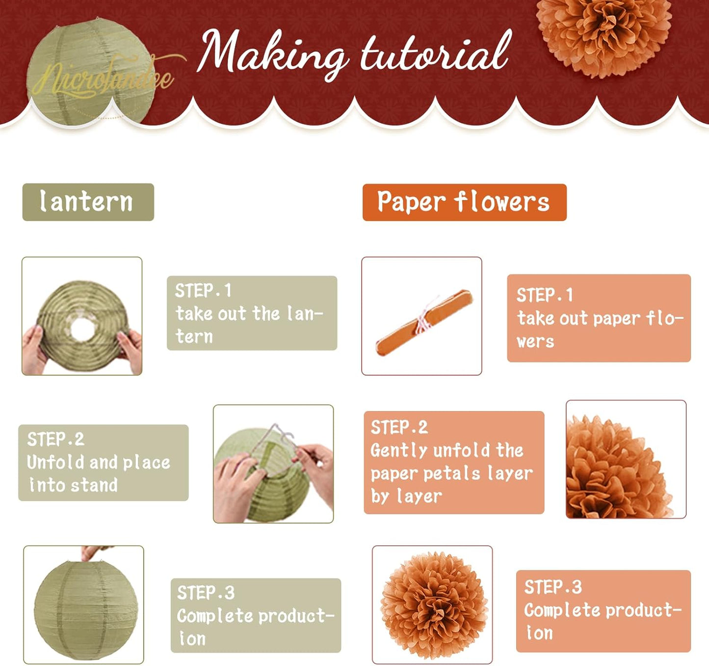 NICROLANDEE Fall Wedding Decorations, 12 PCS Orange Maple Leaf Paper Lanterns Tissue Pom Poms for Thanksgiving Day Backdrop Decoration, Fall Baby Bridal Shower, Birthday, Autumn Harvest Party Decor