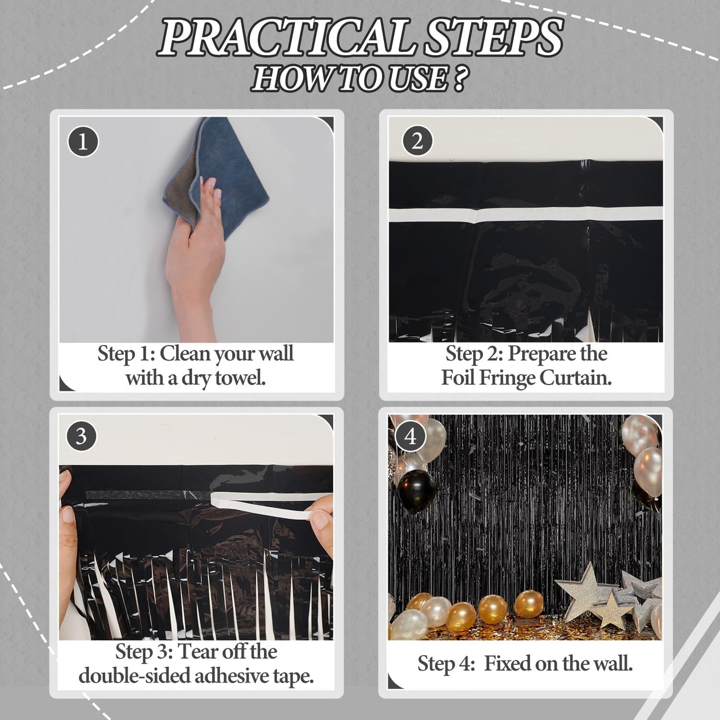 3 Pack Foil Fringe Backdrop - Black Shiny Tinsel Curtains for Party Decoration/Photo Booth Props - 3.3x8.2 FT Metallic Foil Backdrop for Birthday, Wedding, Graduation, Christmas.