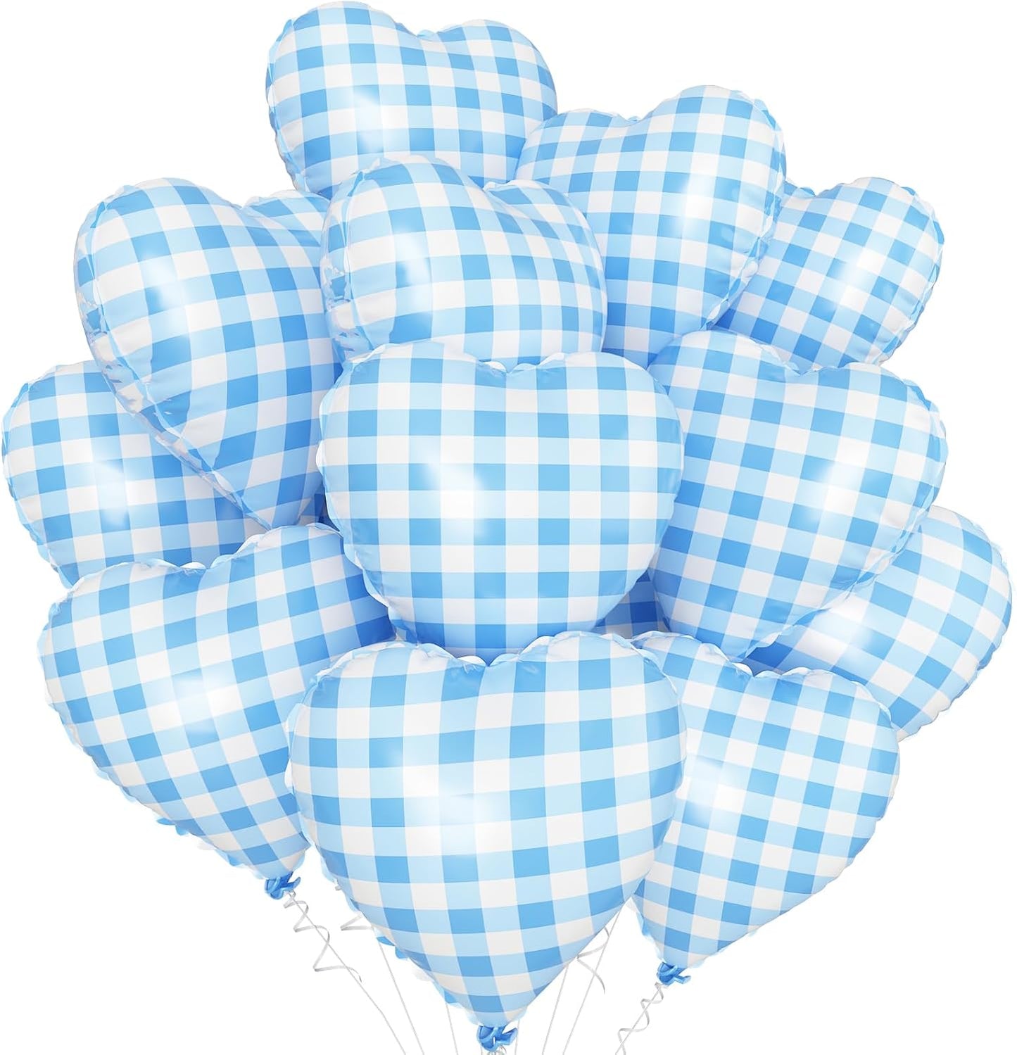 Blue White Checkered Heart Balloons,12Pcs 18Inch Light Blue Grid Heart Shaped Foil Helium Polyester Film Balloons for One Silly Goose Birthday Baby Shower Party Decorations
