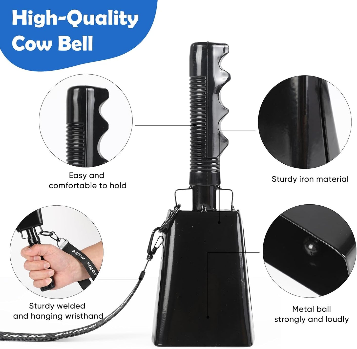 Cow Bells Noise Makers with Handle: Cowbells Hand Percussion for Sporting Events with Wrist Strap - 2pcs 8 Inch Large Loud Cheering Bell for Football Games Graduation (Black)