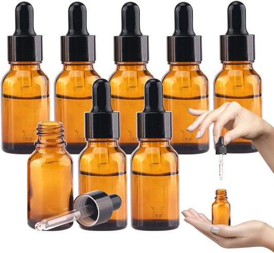 1/2 Oz Glass Dropper Bottle, 15mL Tincture Bottles with Dropper, Labels- Leak Proof Travel Eye Dropper Bottle Amber for Extracts & Essential Oil, Liquids, Perfume(8 pieces)