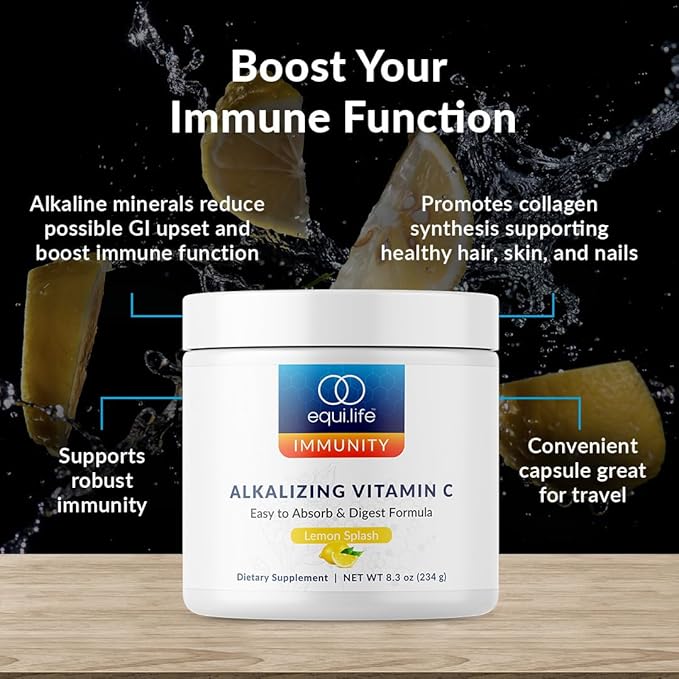 Equilife Alkalizing Vitamin C, 2500 mg per Serving, Immunity Support Supplement with Magnesium, Calcium, & Potassium, Easy Absorption Powder Formula, Gluten Free, Non GMO, Lemon Splash Flavor, 8.3 Oz