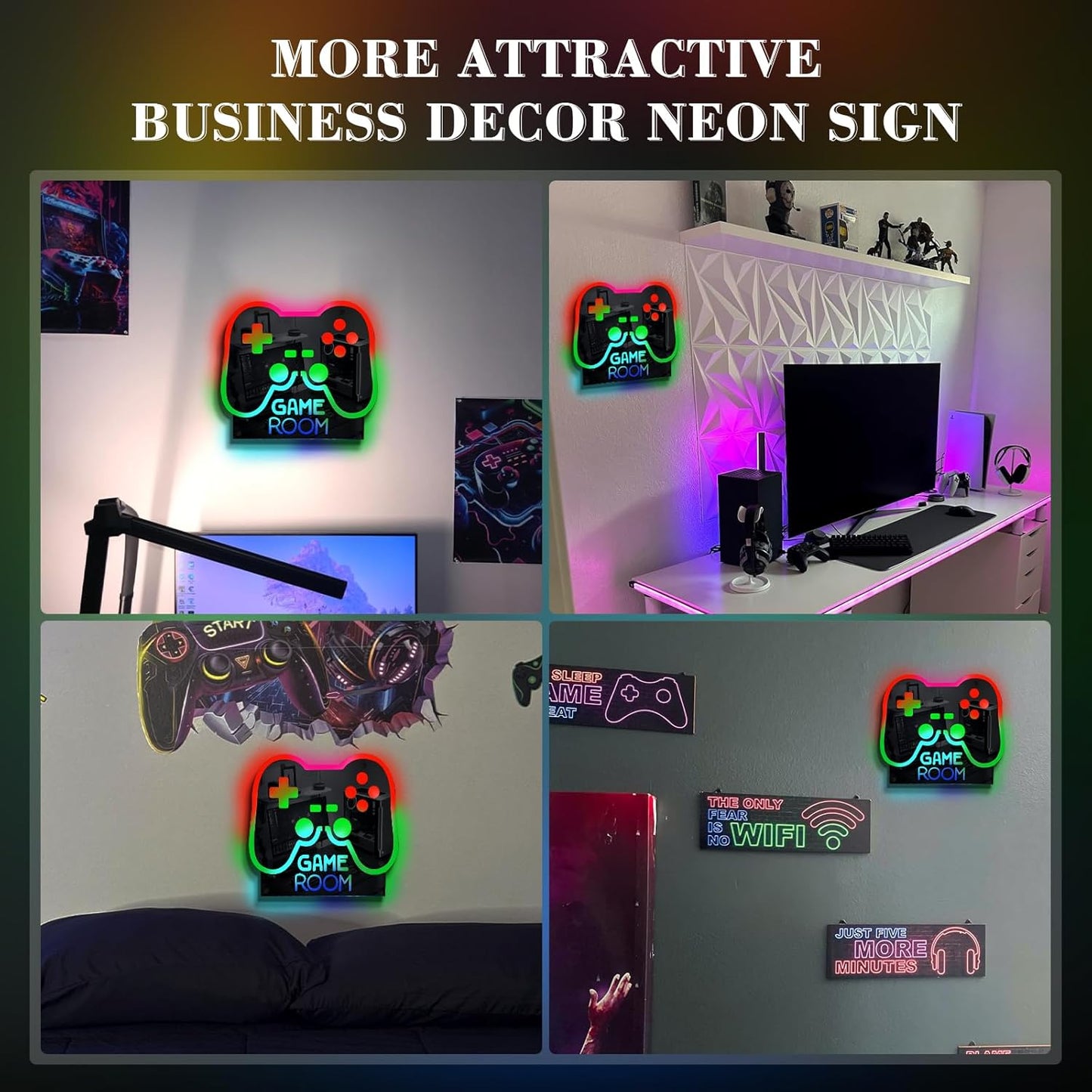 Ineonlife Game Room Controller Neon Sign Mirrored Colorful LED Lights for Gaming Room Decor Light Up Signs for Teen Boy Bedroom Decoration Best Gift for Kids 12.6 x 14.17 inches USB Powerd