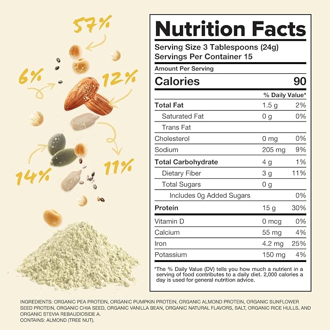 Complement Organic Vanilla Vegan Protein Powder (15 Servings) Low Carb, Low Calorie, Sugar Free, Soy Free, Non-GMO, Gluten Free, Non Dairy- Yellow Pea, Pumpkin Seed- 15g Plant Based Protein Powder