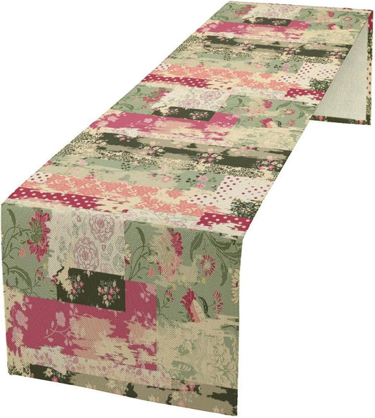 Patchwork Flower Table Runner,Abstract Colorful Floral Retro Style Hand Drawn Tablecloth Burlap for Hotel Indoors Outdoor Dining Room Kitchen Home Decor,W13X L108 in