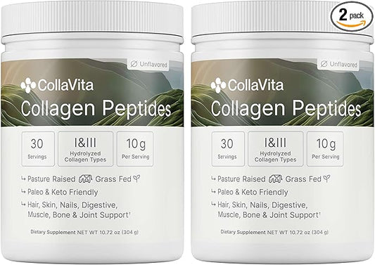 Collagen Peptides Powder Grass-Fed Pasture-Raised Hydrolyzed Collagen Powder, Type I & III Hair, Nails, Skin and Joints, Non-GMO, Paleo & Keto, Unflavored, 10 Fl oz. 2 Pack, 30 Servings