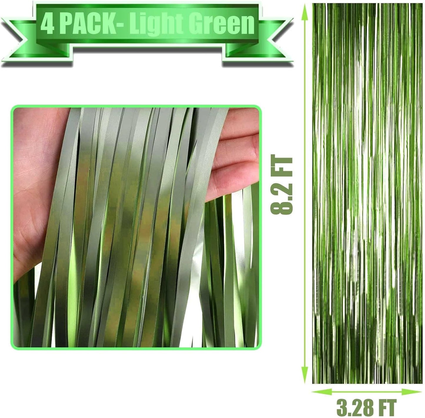 4 Pack Light Green Foil Fringe Curtain Backdrop, 3.28Ft x 8.2Ft Metallic Tinsel Foil Fringe Streamer Curtains for Photo Booth Props, Birthday, Wedding, Christmas Decorations Party Supplies New