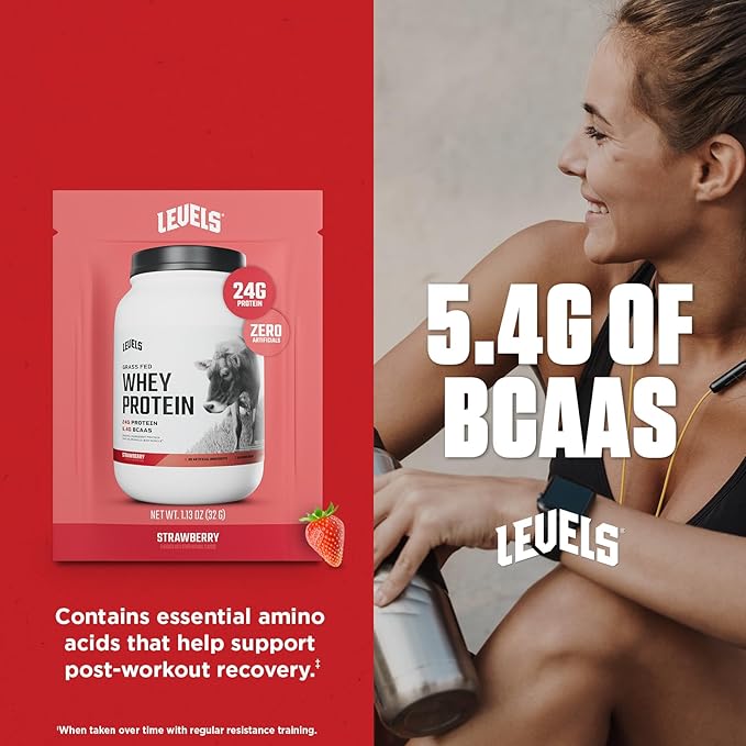 Levels Grass Fed Whey Protein Powder, No Artificials, 24G of Protein, Strawberry, 12 Count