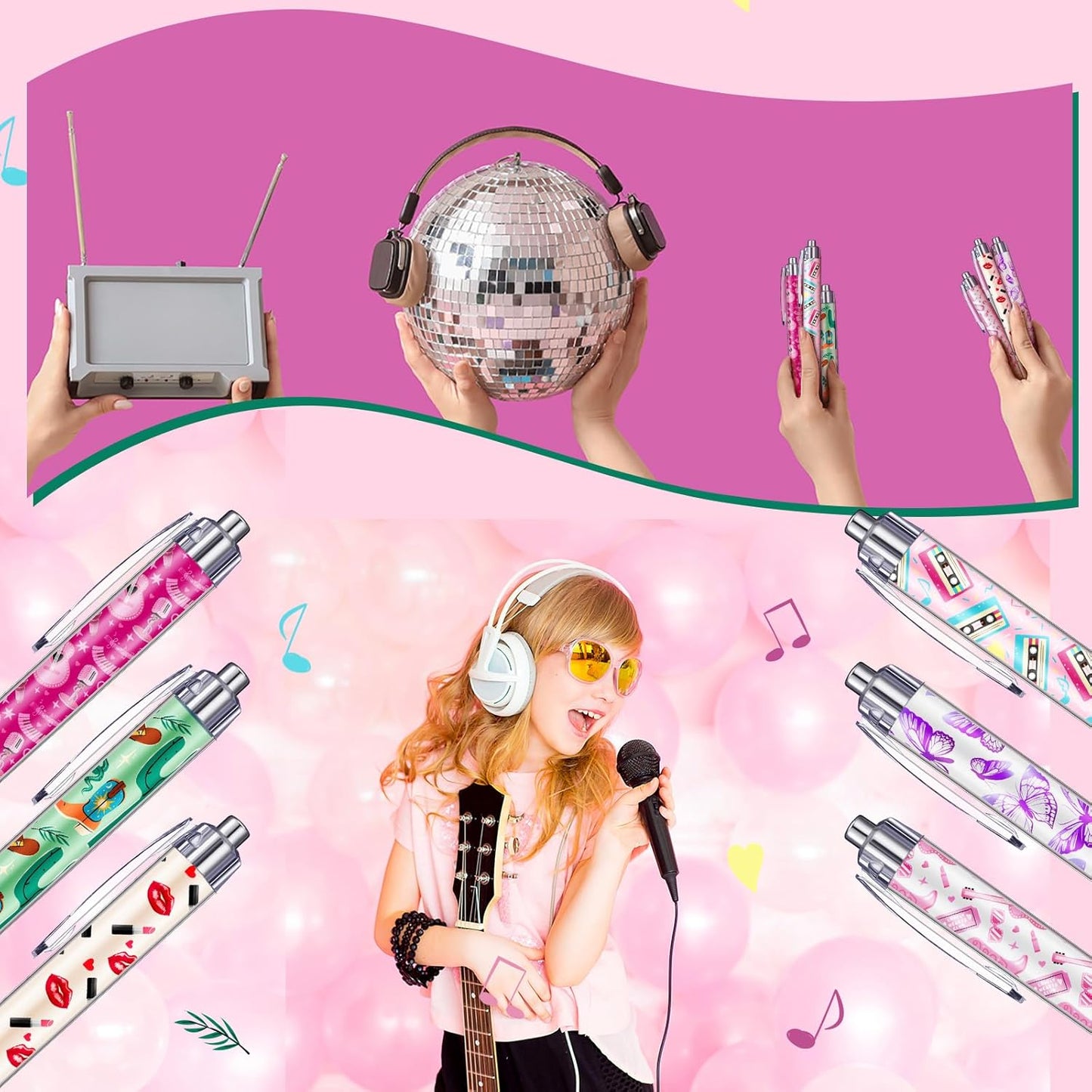 24 Pcs Pink Party Gifts Pens Concert Birthday Party Favors Music Ballpoint Pens Singer Guitar Pop Lover Gifts for Women Fans Bachelorette Decorations Supplies