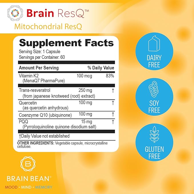 Brain ResQ Advanced Mitochondrial Formula with PQQ, CoQ10, Trans Resveratrol, MenaQ7 & Quercetin Supplement - 100mg of CoQ10 & 15mg PQQ – Supports Brain, Heart & Cellular Health – 60 Capsules