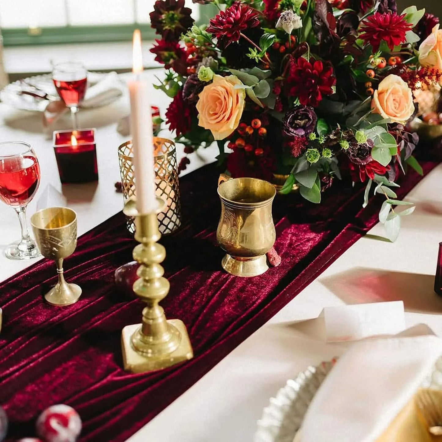 Luxurious Velvet Table Runner, 10ft Wedding Reception Decorations, 20x120inch Soft Velvet Fabric, Table Linen Overlay, Wedding Table Runners (Burgundy, 20X120inch, 2pack)