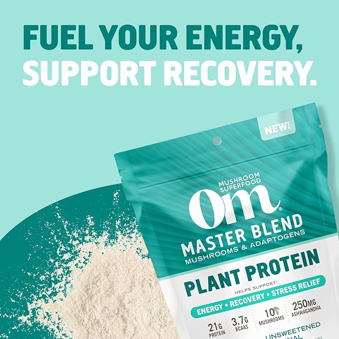 OM MUSHROOM SUPERFOOD Master Blend Mushroom Plant-Based Protein, 16 Servings Unsweetened Original, Unsweetened Plant-Based Protein with 10 Mushrooms & Adaptogens, GLP-1 Support