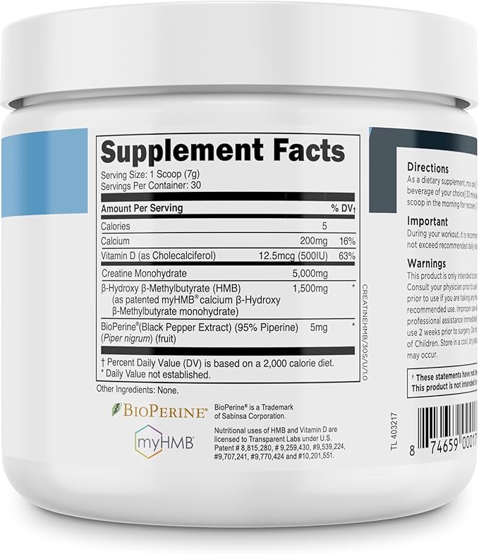 Transparent Labs Creatine HMB - Creatine Monohydrate Powder with HMB for Muscle Growth, Increased Strength, Enhanced Energy Output, and Improved Athletic Performance - 30 Servings, Unflavored