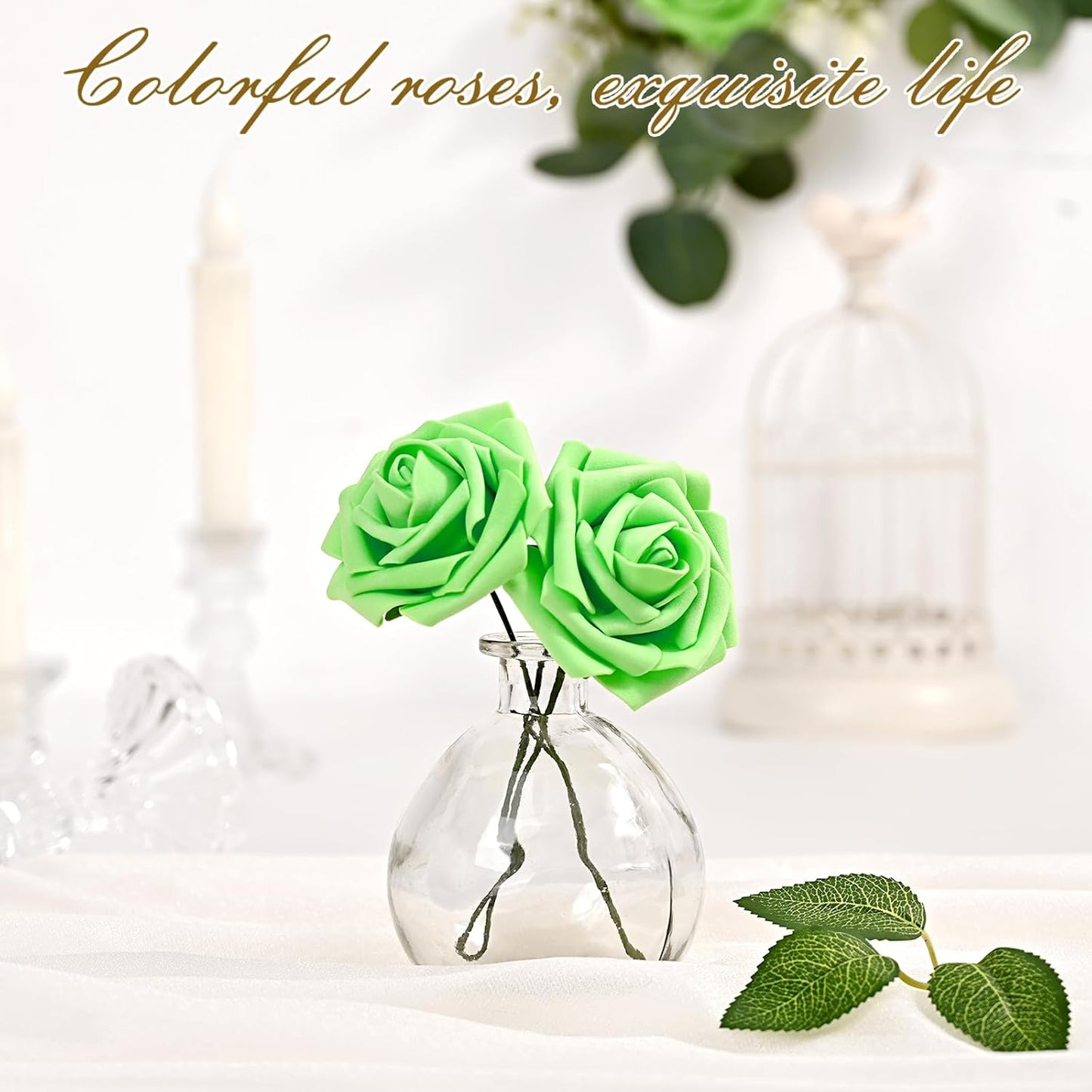 BLEUM CADE 36Pcs Artificial Flowers Fake Roses with Stems, Bright Green Boxed Foam Roses for DIY Bouquets Centerpieces Wedding Party Arrangement Bridal Shower Decor