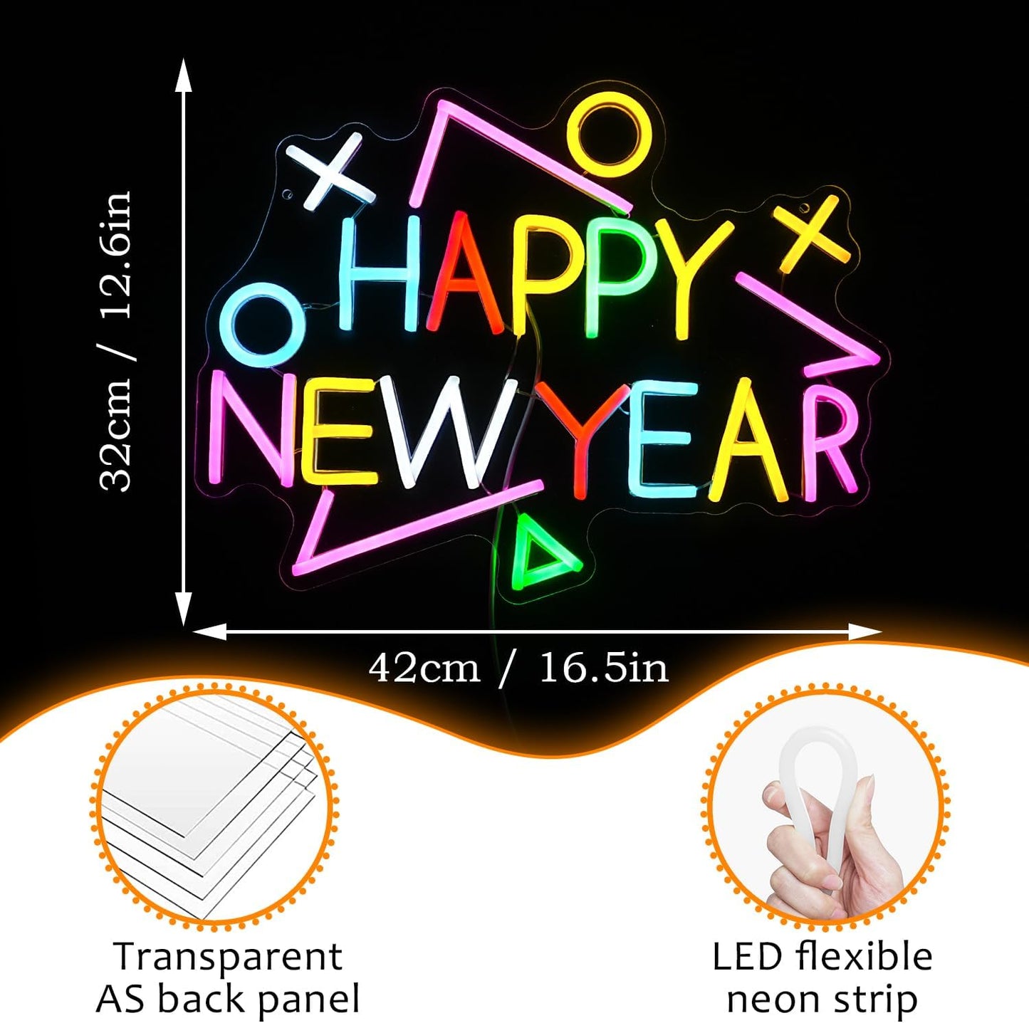 Happy New Year Neon Sign Exquisite And Beautiful New Year LED Light Up Sign for Decor Dimmable USB Powered New Year Neon Light Sign for New Year Celebrate Party Home Room Business Wall Decor (16.5*12.6 In Multicolored)
