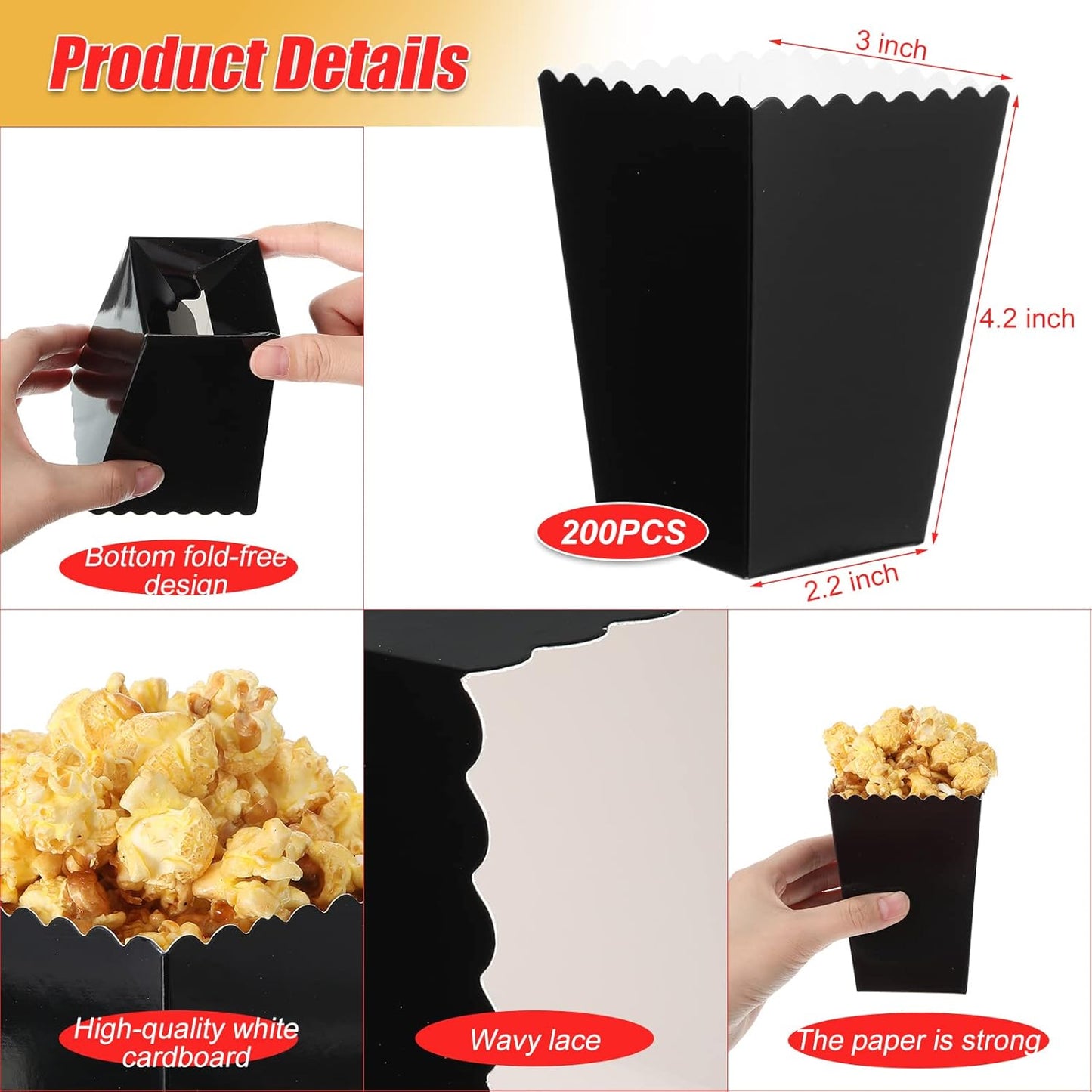 200 Pcs Popcorn Boxes Mini Paper Popcorn Box Cardboard Popcorn Container for Party Disposable Snack Candy Popcorn Bags Popcorn Holder for Birthday Wedding Decoration, 2.2 x 4.2 x 3 Inches (Black)