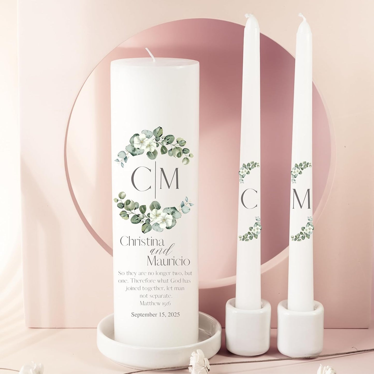 Unity Candles for Wedding, Modern Unity Set, Custom and Personalized Pillar and Taper Candles with Bible Quote, Unscented White Premium Wax, Religious and Wedding Ceremony, Special Events (Greenie)