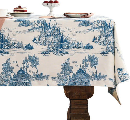 patdrea Designer Vintage Cyan Tablecloth for Rectangle Table,Linen Ancient Castle and Manor Pattern Tablecloths,Table Cover Decor for Kitchen Dining Christmas,Thanksgiving,63"x87"-Lucerne a