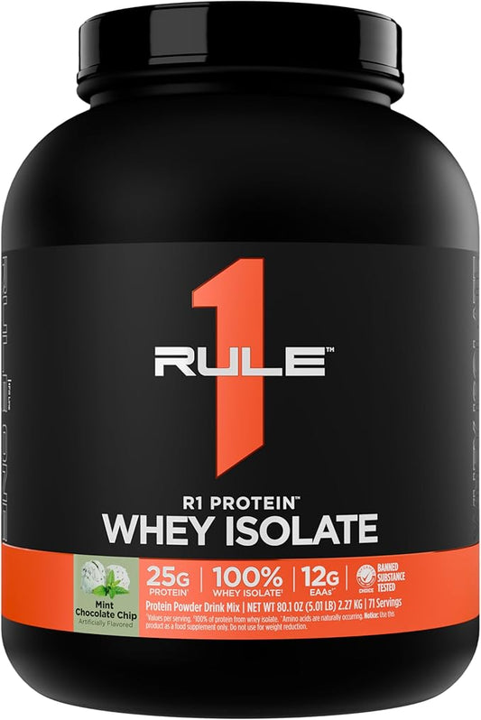 Rule 1 R1 Protein Whey Isolate - with 25g Protein & 6g BCAA Exclusively from Isolated & Hydrolyzed Sources for Workout Recovery (5 Pounds*, Mint Chocolate Chip)