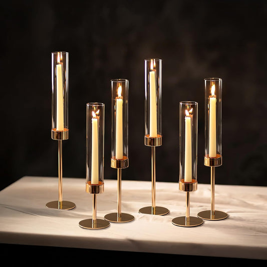 NUPTIO Hurricane Candle Holder for Candlestick: 6 Pcs Gold Taper Candlestick Holders - Tall Modern Candles Stick Decor with Cylinder Shape Cover for Dinner Table Centerpiece