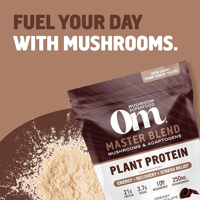 OM MUSHROOM SUPERFOOD Master Blend Creamy Chocolate Protein Powder, 16 Servings, Plant-Based with 10 Mushroom Complex for Recovery & Energy, GLP-1 Support