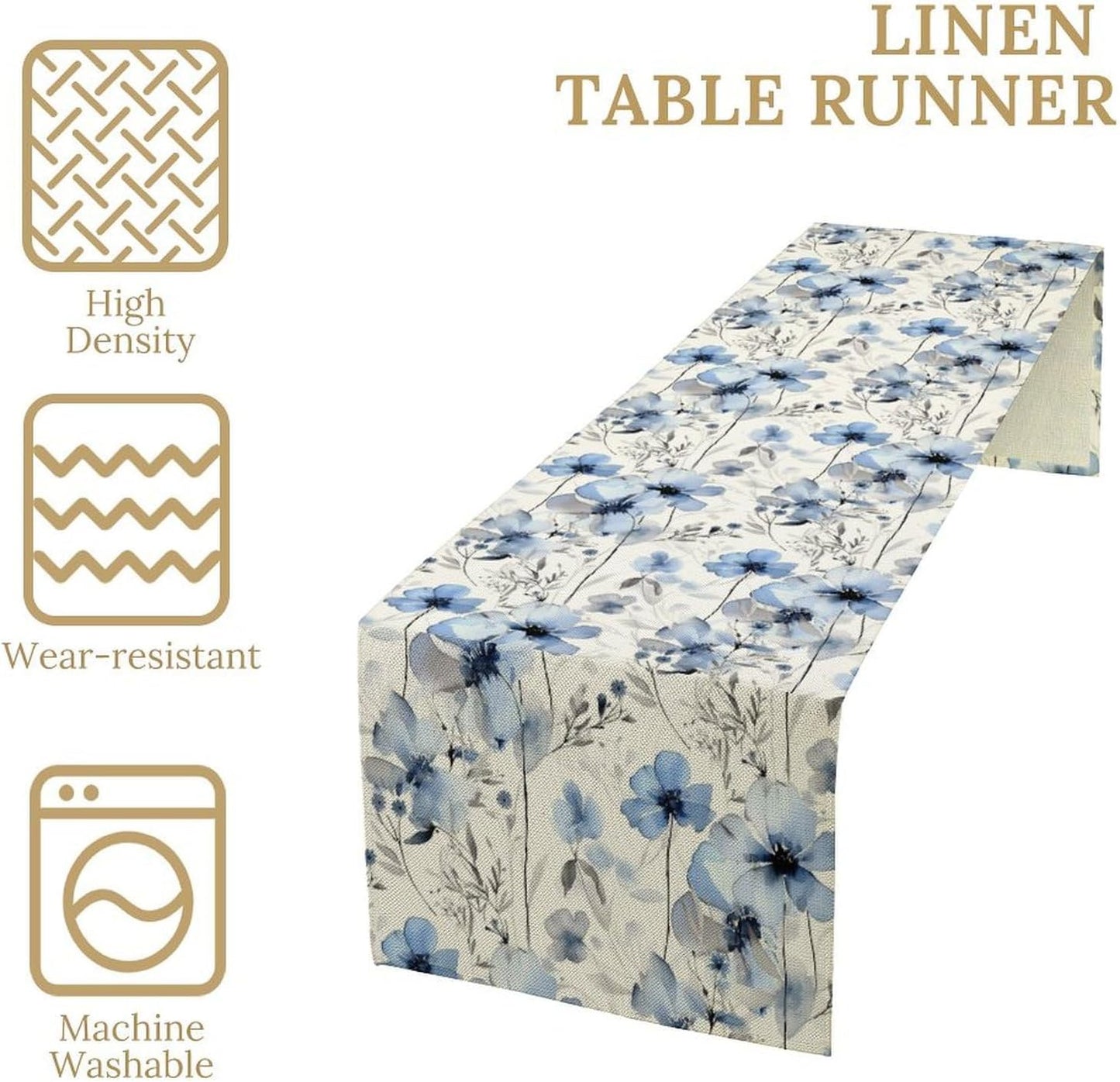 Watercolor Floral Table Runner, Blue Poppy Flower Seasonal Spring Summer Table Runner for Kitchen Dinning Table Runner Decor Home Wedding Party Holiday, 13x90 Inch