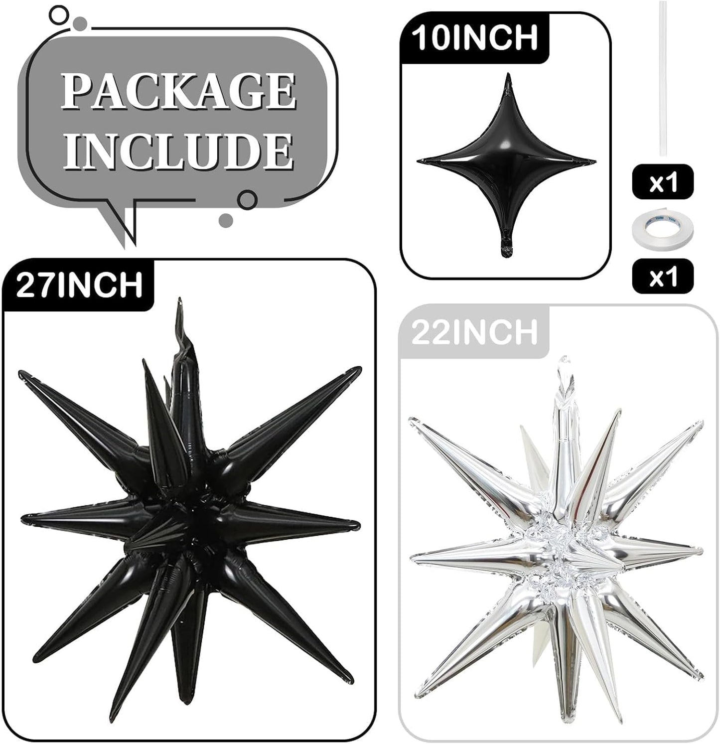 Black Silver Star Balloons 12pcs, 27/22 Inch Foil Star Explosion Balloons, Large Spike Mylar Cone Balloon, Fireworks Shape Balloon Decor for Bachelor Retirement Anniversary Graduation