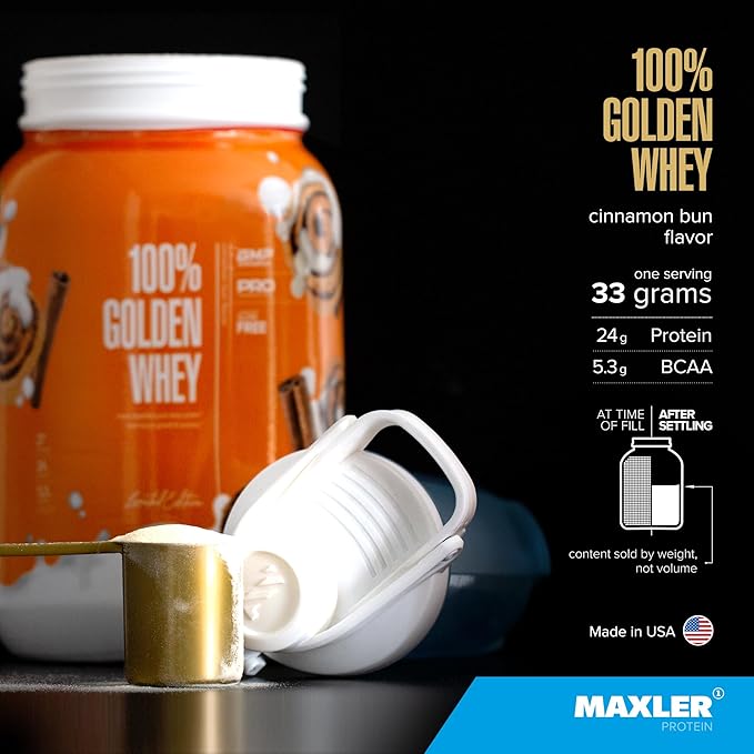 Maxler 100% Golden Whey Protein - 24g of Protein per Serving - Premium Whey Protein Powder for Pre Post Workout - Fast-Absorbing Whey Concentrate, Isolate & Hydrolysate Blend - Cinnamon Bun 2 lbs