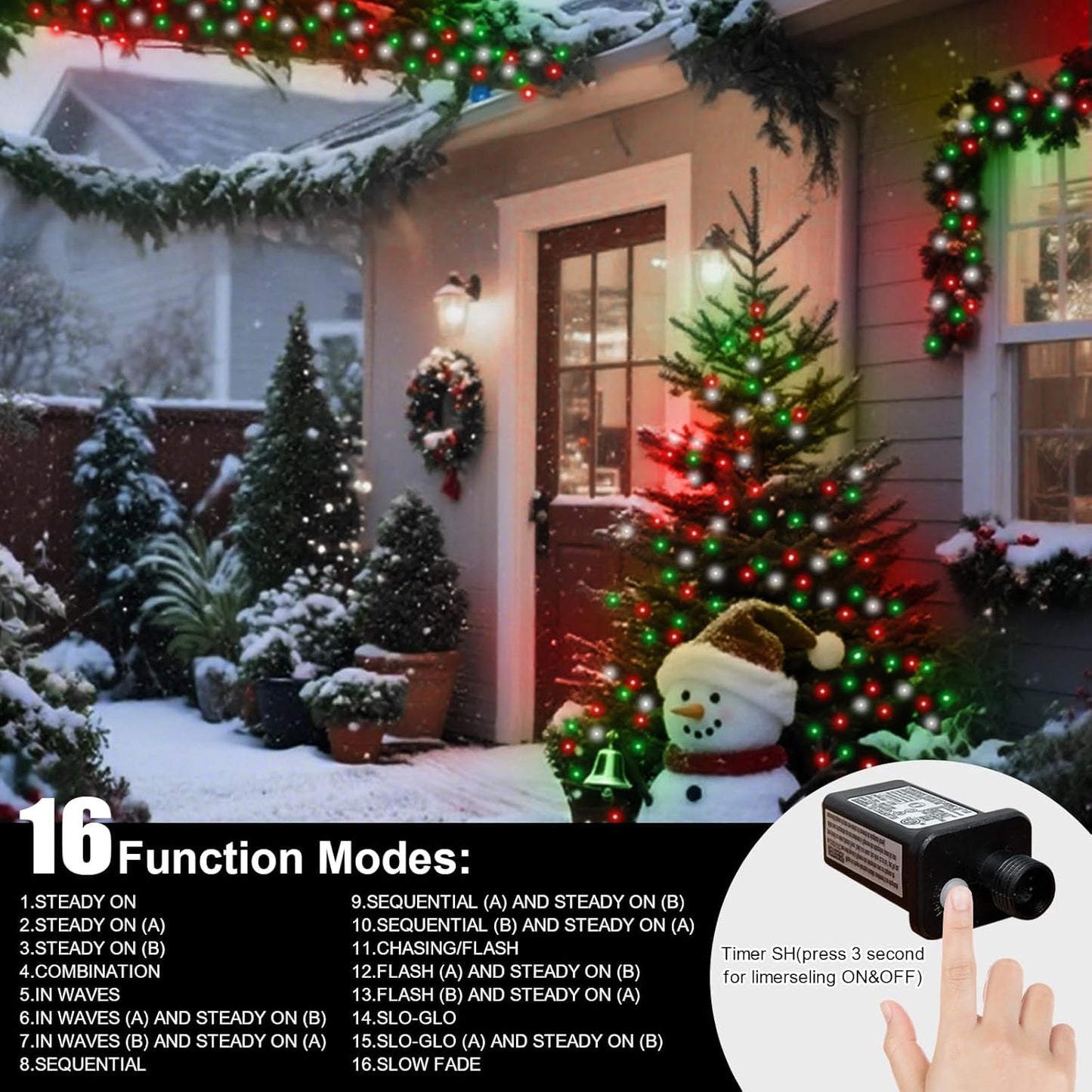 LAMPHOME 66ft Christmas Decorative Mini Lights, 200 LED Transparent Wire Fairy Starry String Lights Plug in, 16 Lighting Modes for Outdoor Xmas Tree Wedding Party Decoration (Red Green White)