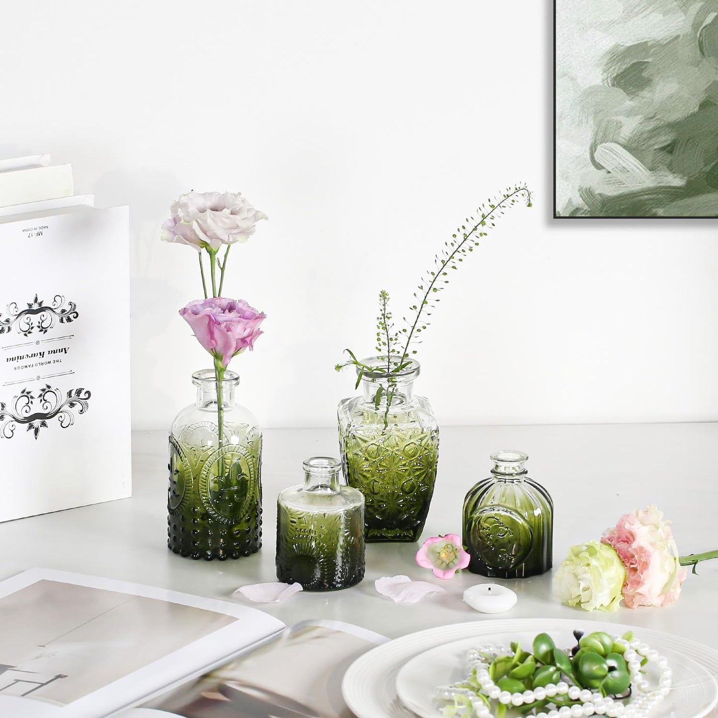 Mini Bud Vases As Wedding Centerpieces for Tables,Clear Bud Vases for Flowers,Small Flower Vases Suitable for Birthday Party,Anniversary,Wedding Reception,Baby Shower (Dark Green, 24PCS)