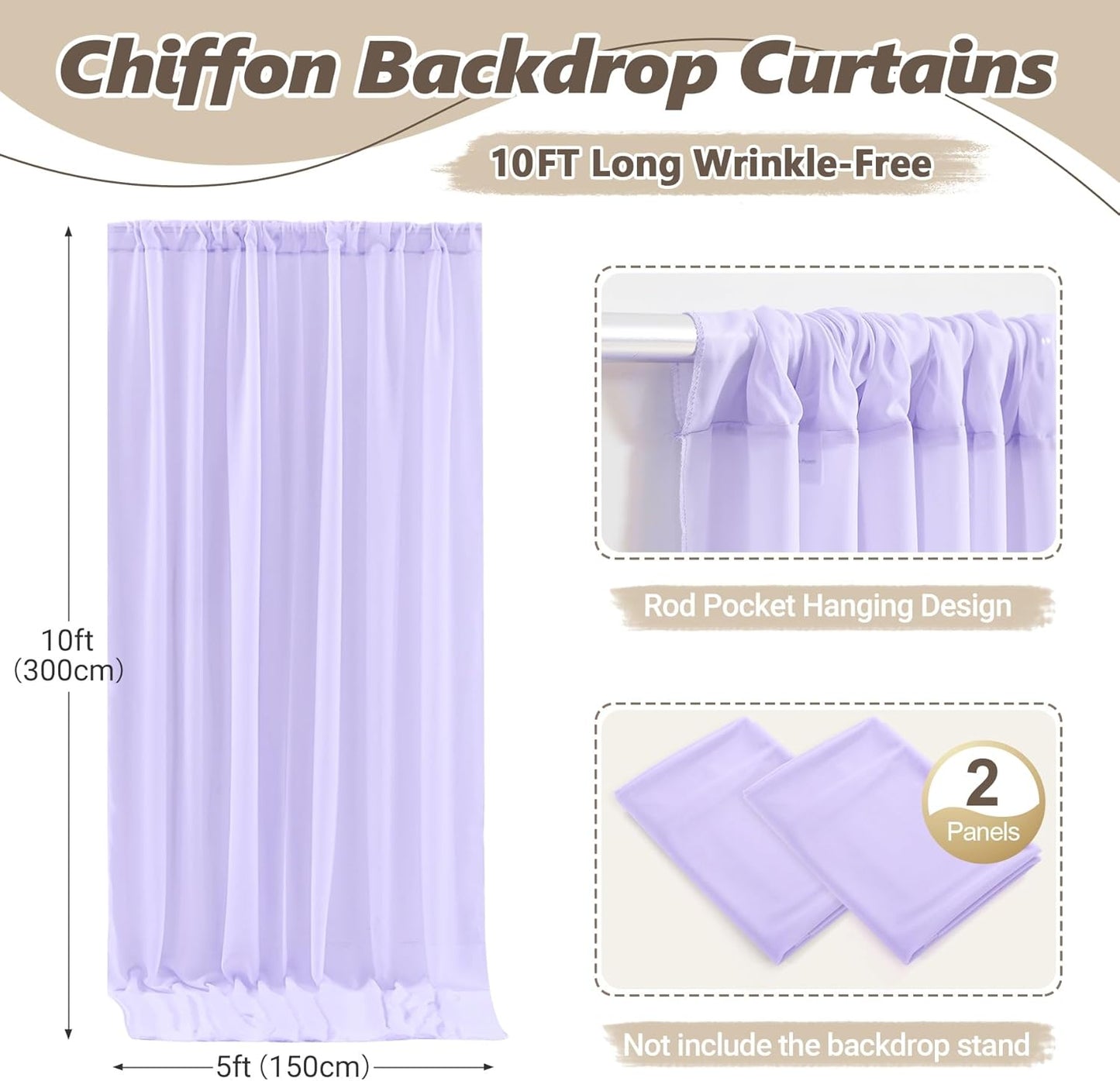 10ft x 10ft Lilac Backdrop Curtains, Wrinkle-Free Sheer Chiffon Fabric Photo Backdrop Drapes for Wedding Arch Party Ceremony Stage Photography Decorations