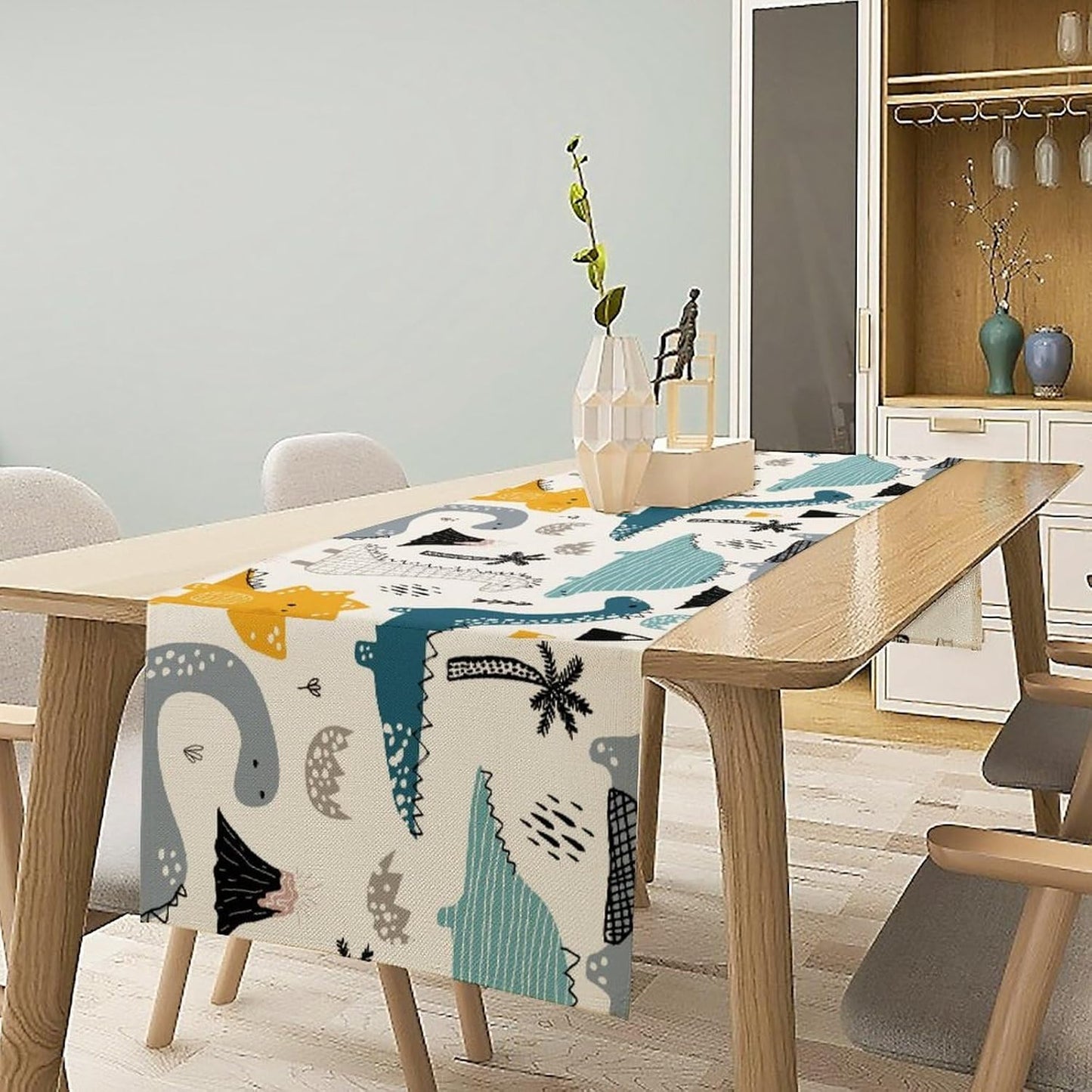 Cartoon Dinosaur Table Runner,Kids Boys Cute Various Dino Moutain Modern Abstract Print Tablecloth Burlap for Hotel Indoors Outdoor Dining Room Kitchen Holiday Party, 13x108in