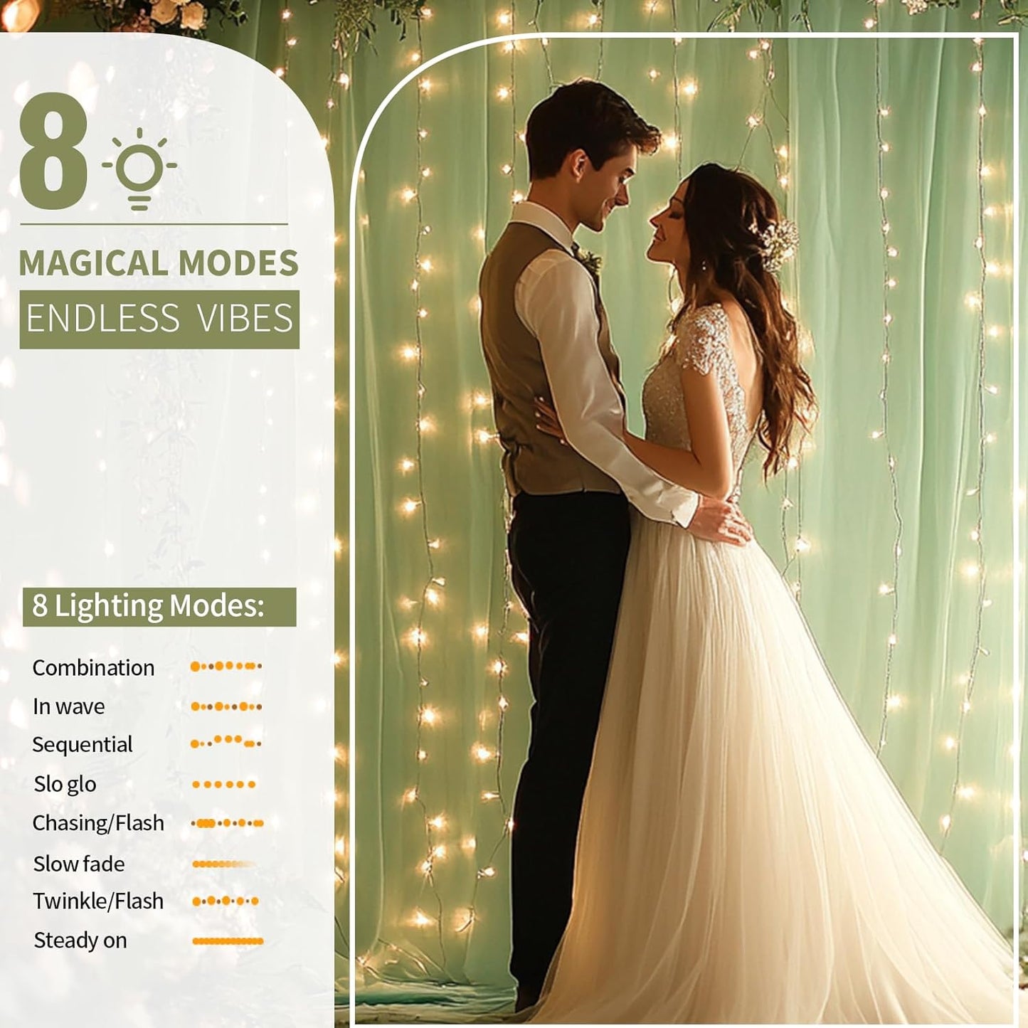 Sage Green Tulle Backdrop Curtain with Lights String - 10x8ft Sheer Backdrop with 250 LEDs for Wedding, Baby Shower, Bridal Shower, Birthday Party Photo Shoot Background and Home Decorations