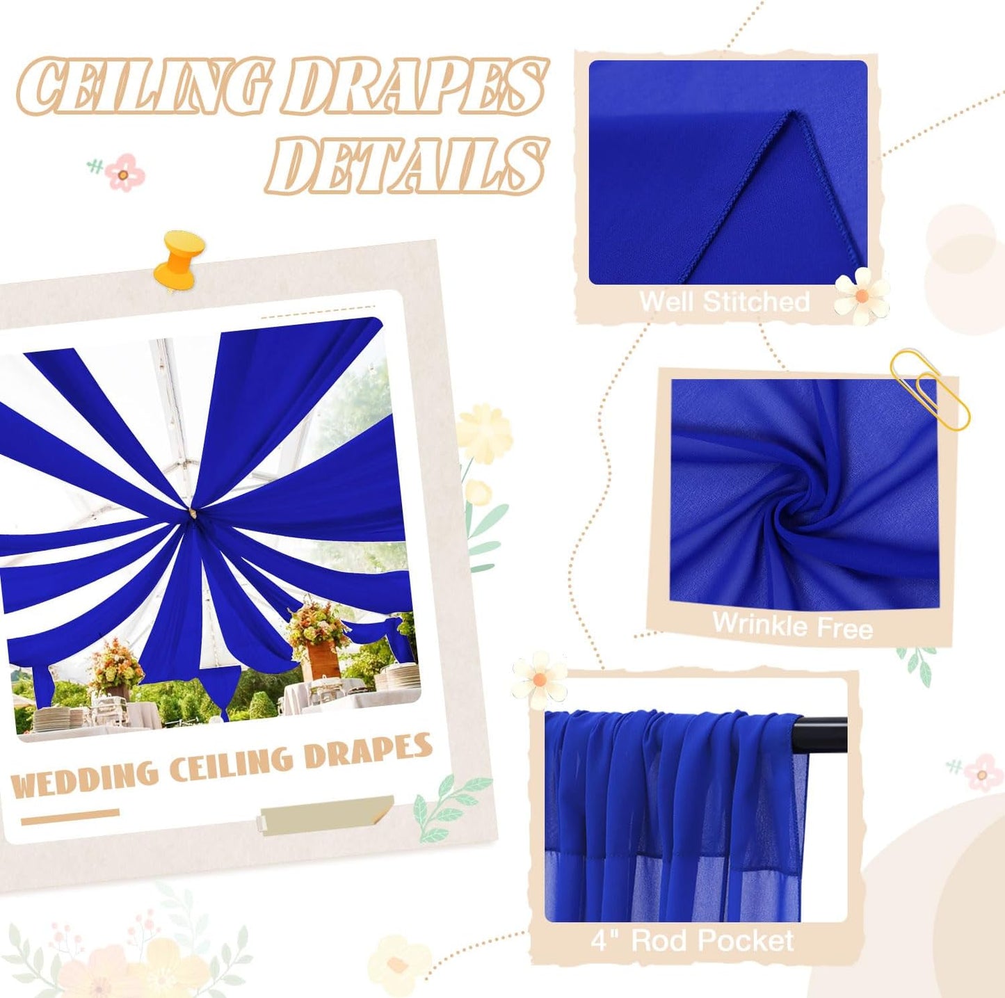 FUHSY Royal Blue Ceiling Drapes for Wedding Arch Draping Fabric Chiffon Wedding Drapery 4 Panels 5x20FT Sheer Curtains Drapes Tulle Backdrop for Reception Party Ceiling Decorations Arch Drapes Wedding