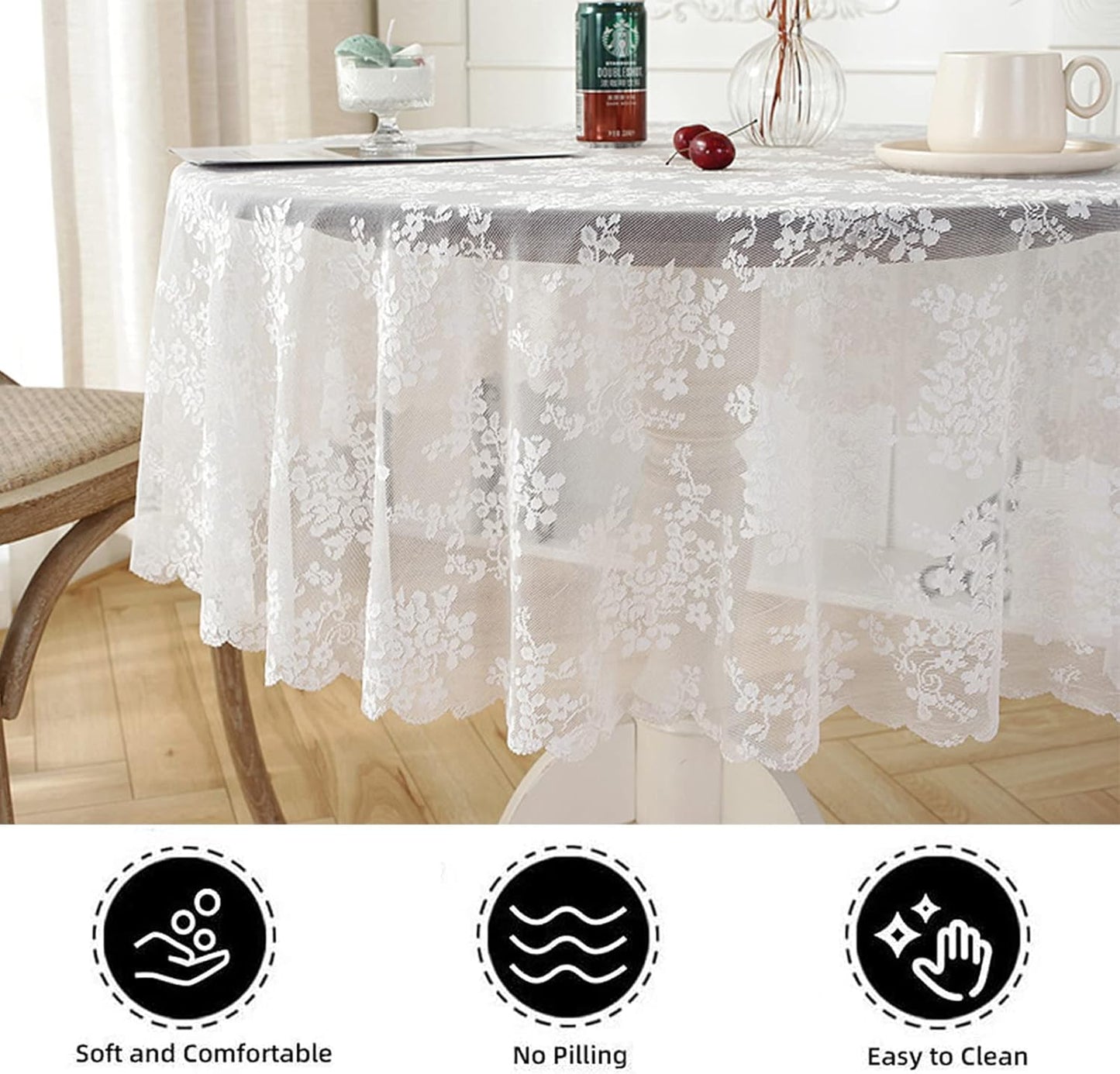Jeloris Round Lace Tablecloth with Elegant Scalloped Bottom for Any Special Event Such as Wedding, Birthday Party, Baby Shower, Anniversary (48 inch, Style 1)