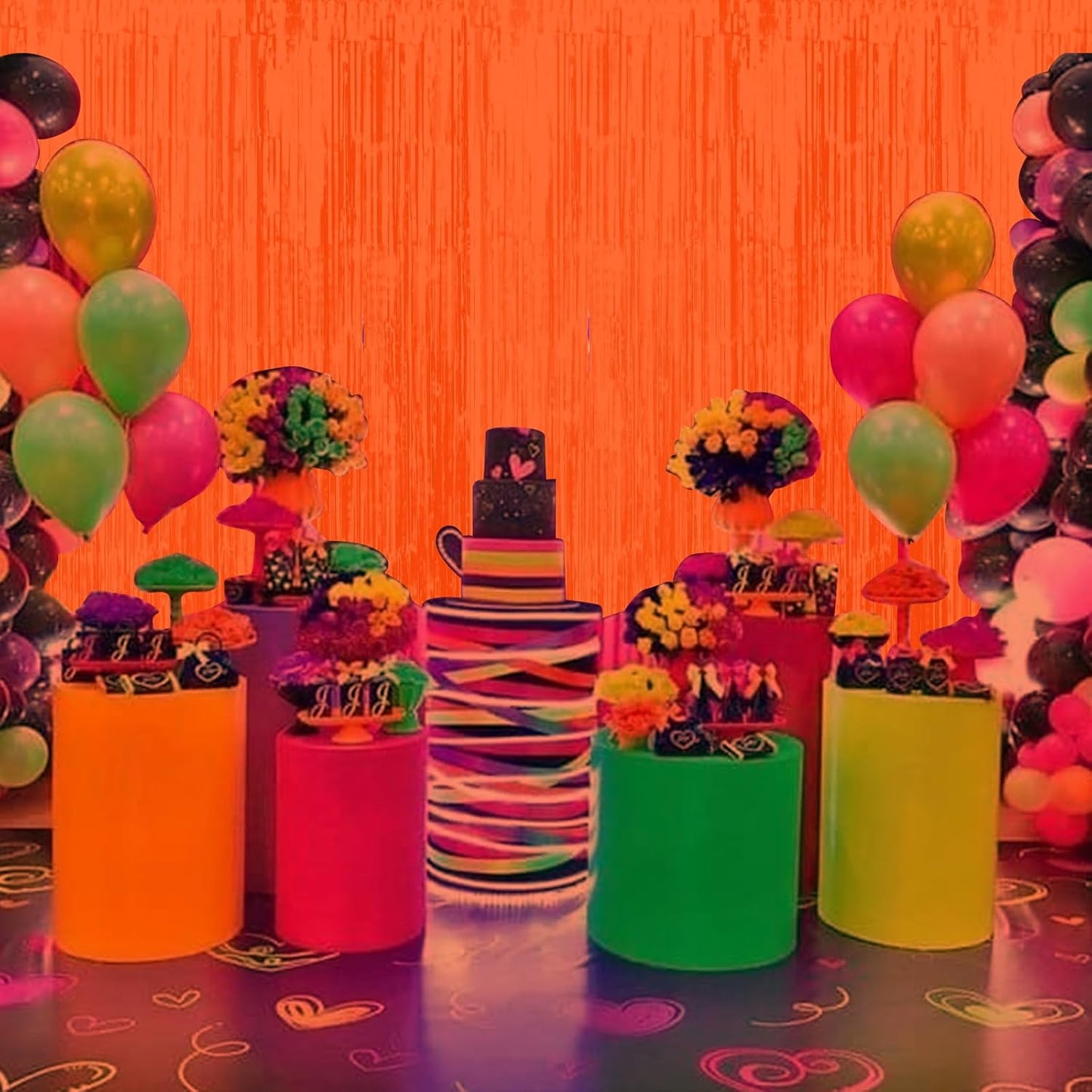 3 Pack 3.3Ft x 6.6Ft Orange Glow in The Dark Foil Fringe Curtain Backdrop Party Supplies, Fluorescent Macaron Metallic Tinsel Foil Streamers Curtain Photo Booth for Neon Birthday Party Decorations